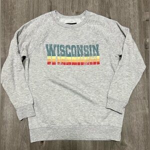 Graphic Wisconsin Women’s sweatshirt, gray w/ colorful writing, size S